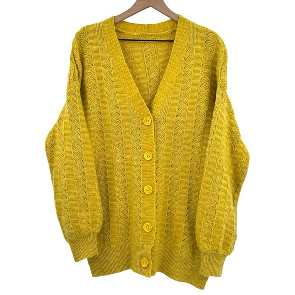 Caara Womens Cardigan Sweater Button Front V-Neck Cable Knit Mustard Yellow L/XL - Picture 1 of 10